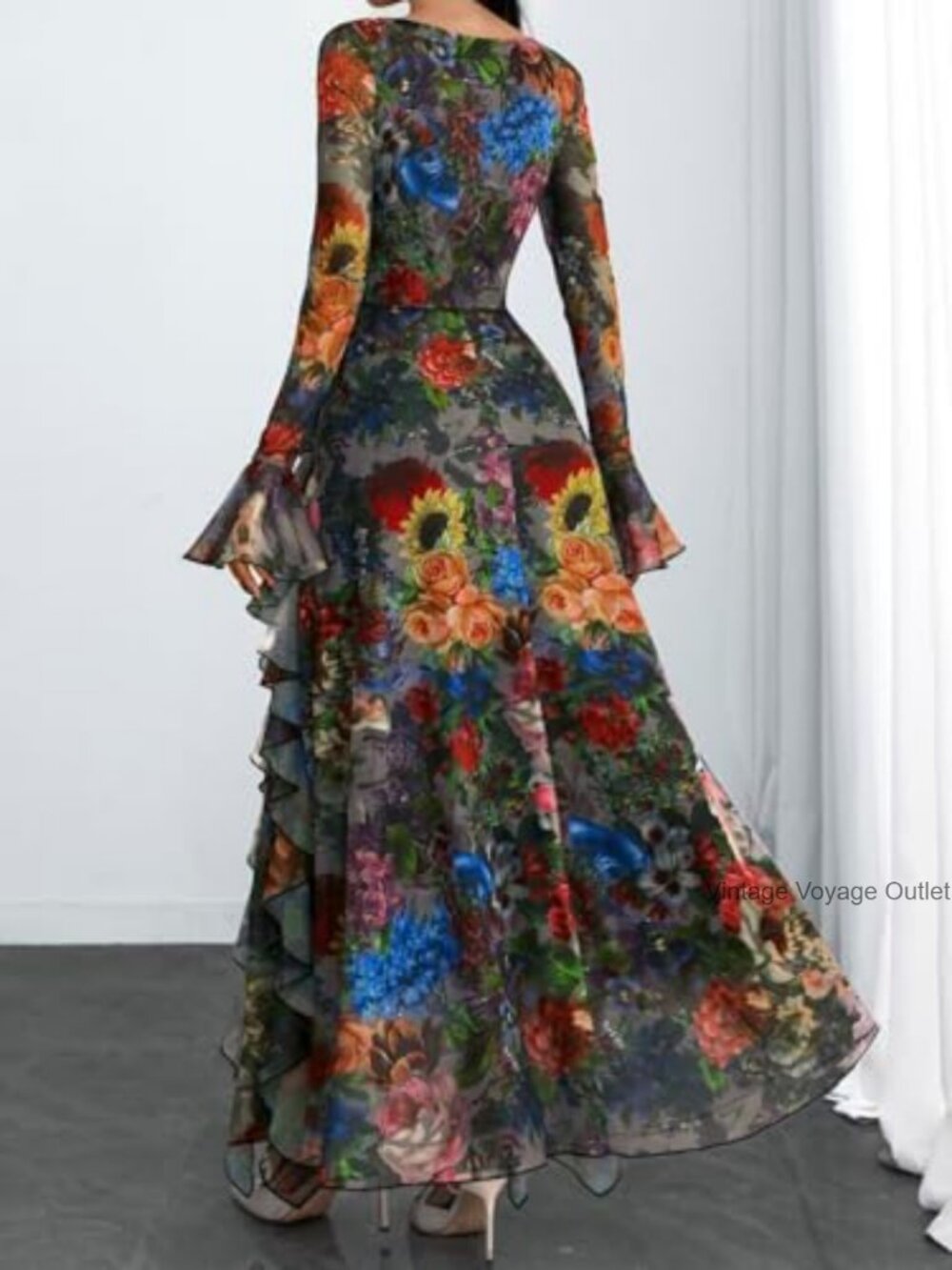 Square Neck Mesh Sheer Long Sleeve Ruffle Layered Midi Dress - Picture 2 of 7